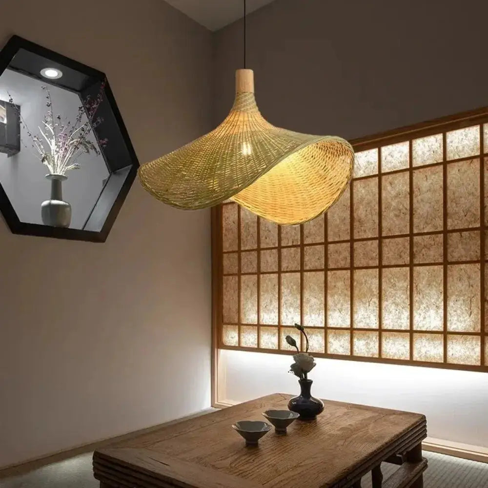 Decorbites™ rattan pendant light with dimmable warm golden-yellow bamboo shade and wooden top for ambient lighting