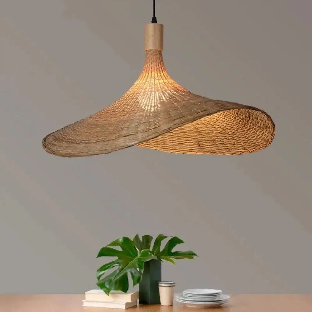 DecorBites™ rattan pendant light with warm-toned handwoven bamboo shade and natural wood fixture in elegant asymmetrical design