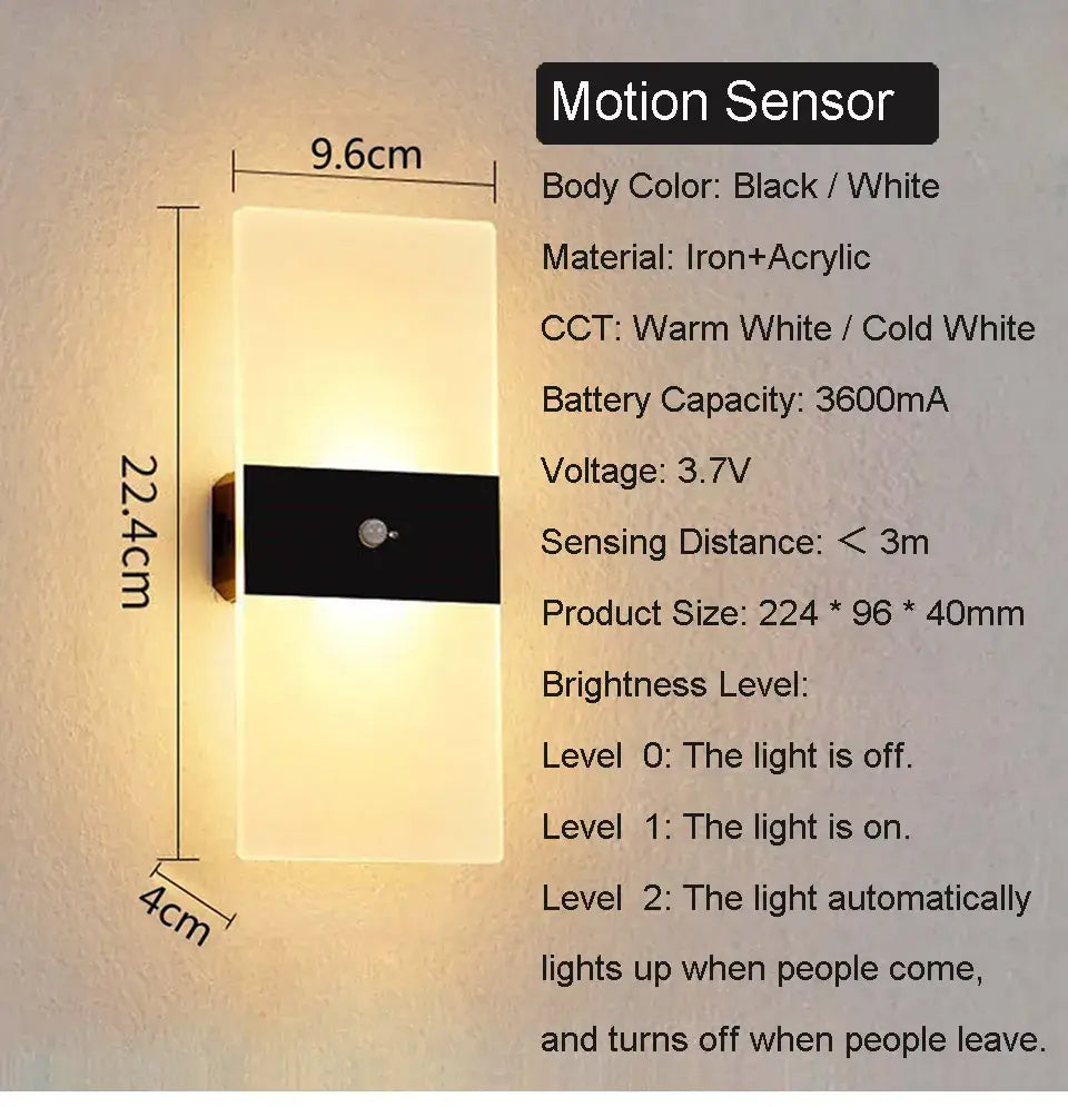 Decorbites™ rechargeable dimmable wall light by rikard motion sensor battery operated wall light in black and white iron acrylic