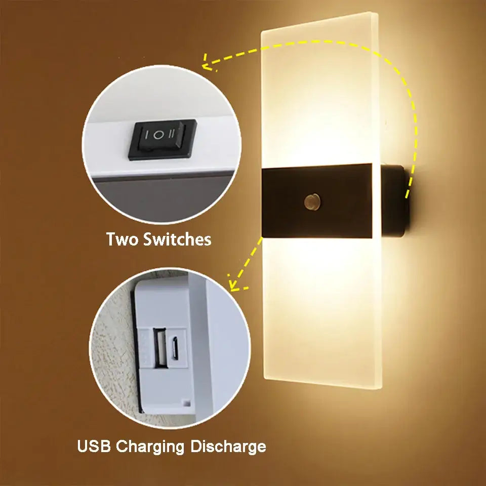 Modern rectangular rechargeable wall light by Rikard with frosted glass, matte black accent, and integrated USB ports