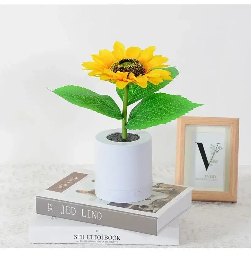 DecorBites™ rechargeable sunflower led night light featuring a vibrant yellow artificial sunflower in a white pot