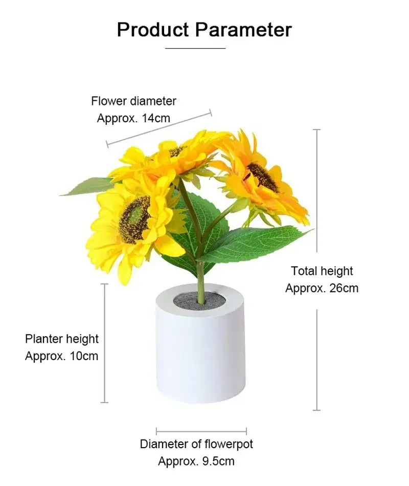 Decorbites™ rechargeable led night light featuring bright yellow artificial sunflowers in a white planter