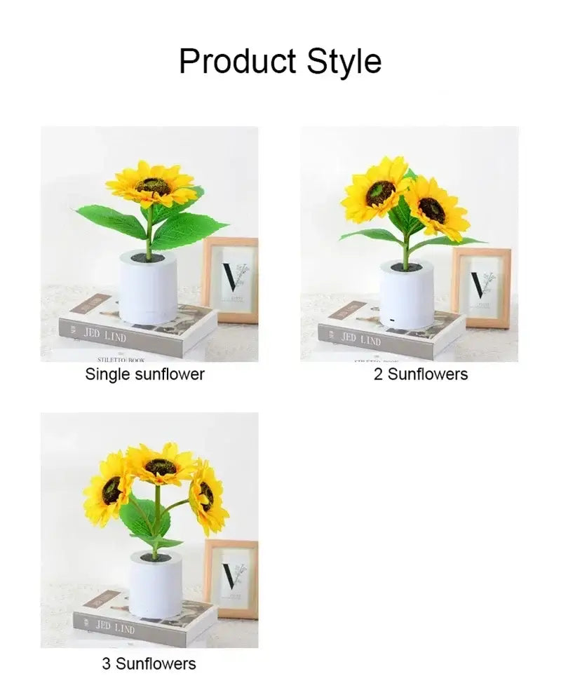 White ceramic pot with artificial sunflowers bright yellow petals dark centers decorbites rechargeable led night light