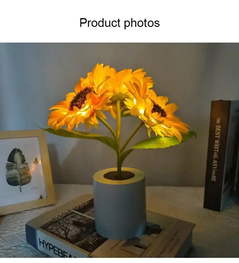 Decorbites™ rechargeable sunflower led night light with glowing yellow flower and light blue cylindrical base for bedroom