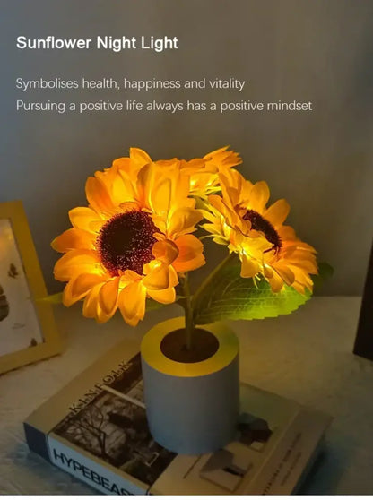 DecorBites™ rechargeable sunflower led night light with glowing yellow petals and blue yellow cylindrical base for bedroom use