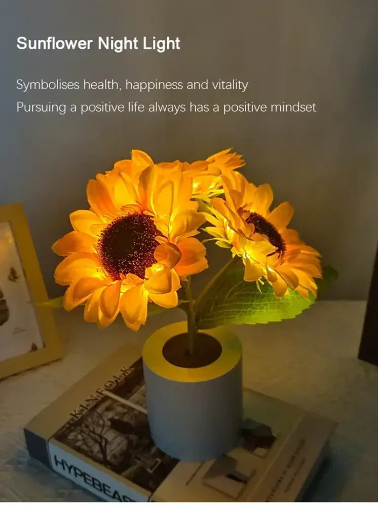 DecorBites™ rechargeable sunflower led night light with glowing yellow petals and blue yellow cylindrical base for bedroom use