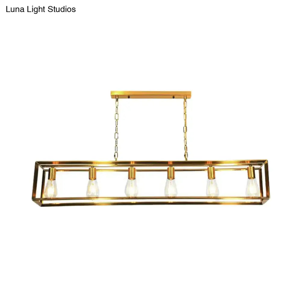 Gold-finished classic metal rectangular island pendant light with five exposed bulbs for dining room ceiling lighting
