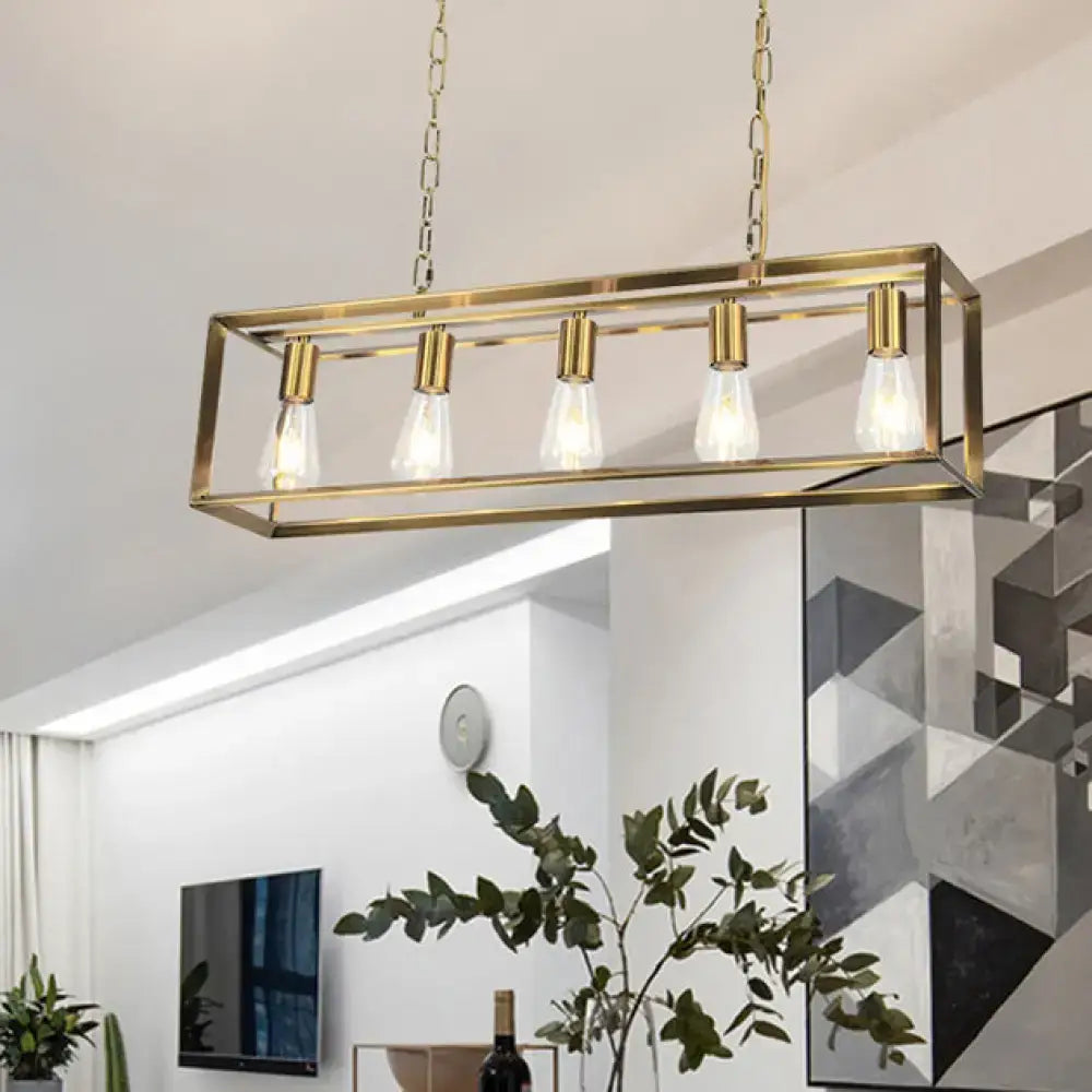 Gold-toned classic metal rectangle island pendant with five exposed filament bulbs for dining room lighting