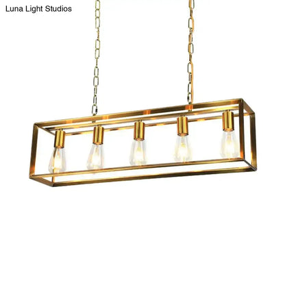 Gold-toned classic metal rectangle pendant light with five edison bulbs and chain suspension for dining room lighting