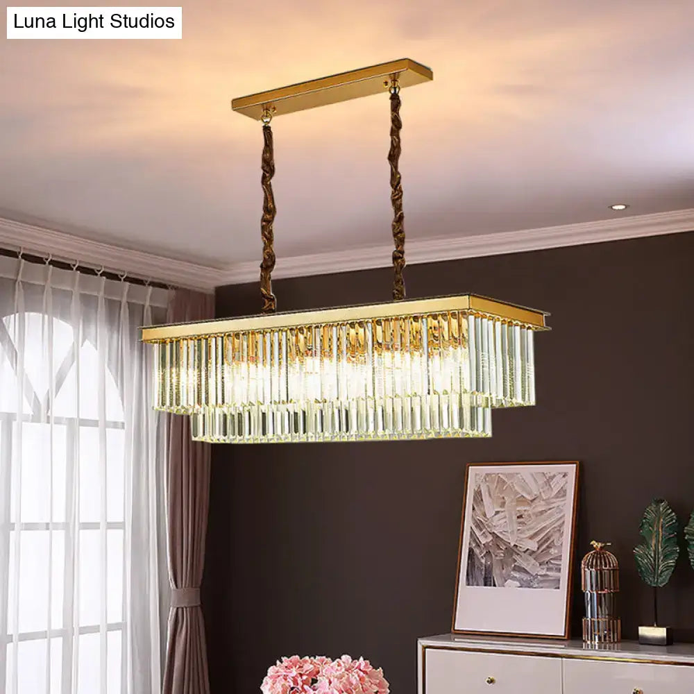 Gold-toned rectangular 2-tier crystal pendant light with clear rods and twisted brass chains for living room black gold decor
