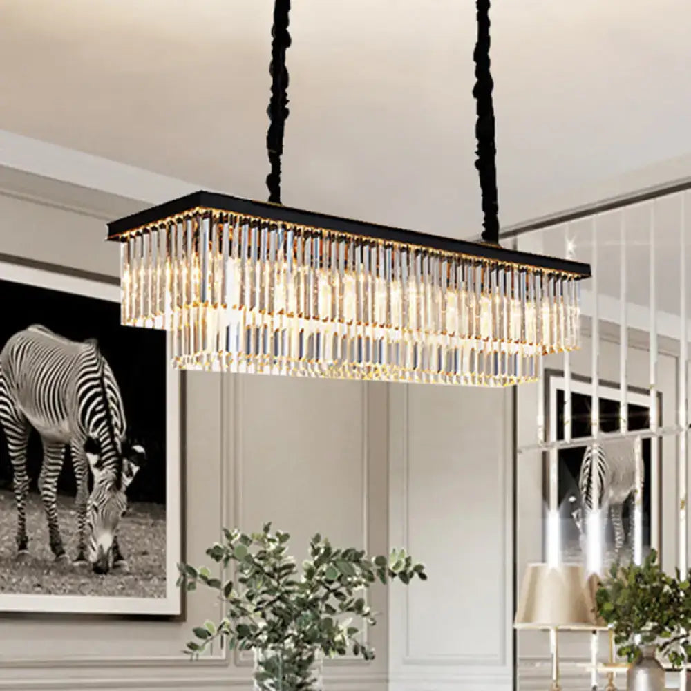 DecorBites rectangular 2-tier crystal pendant light with black metal frame and hanging chains for living room