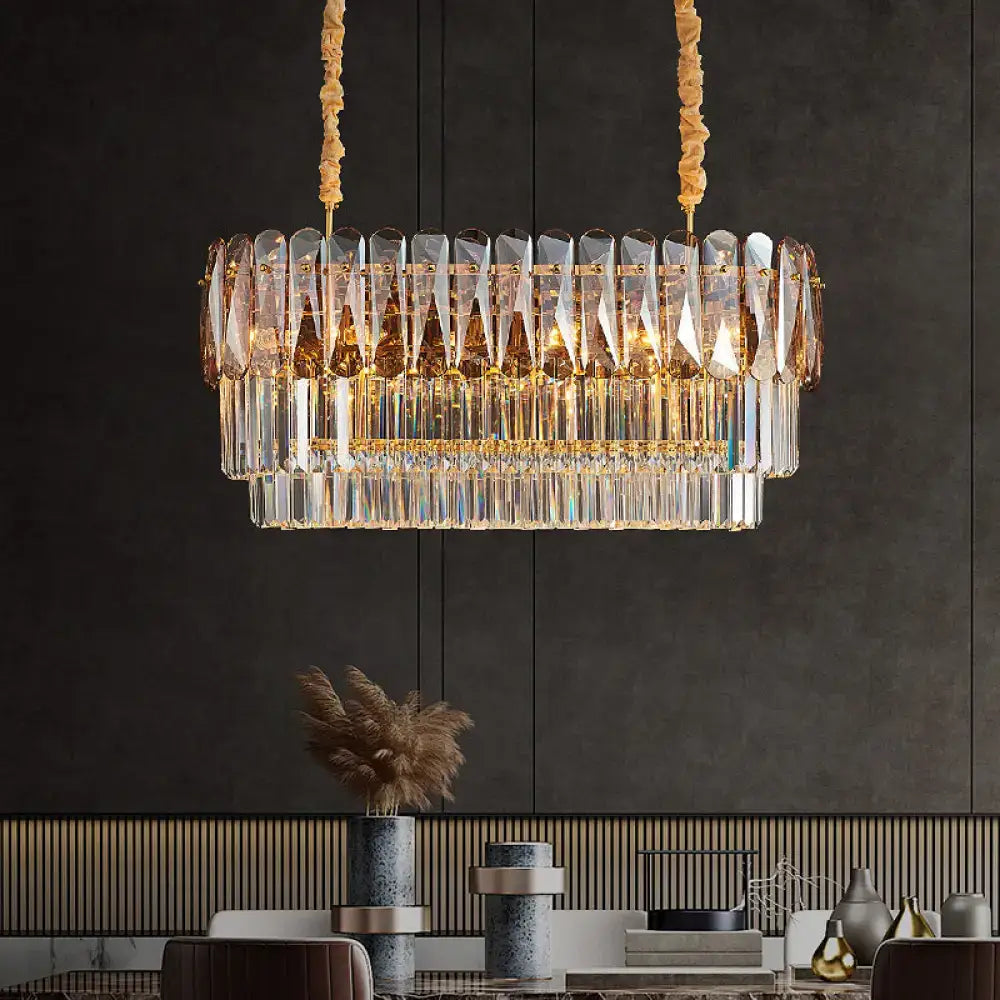 Decorbites rectangular dining room pendant with gold-toned frame smoke gray and amber crystal blocks for elegant lighting