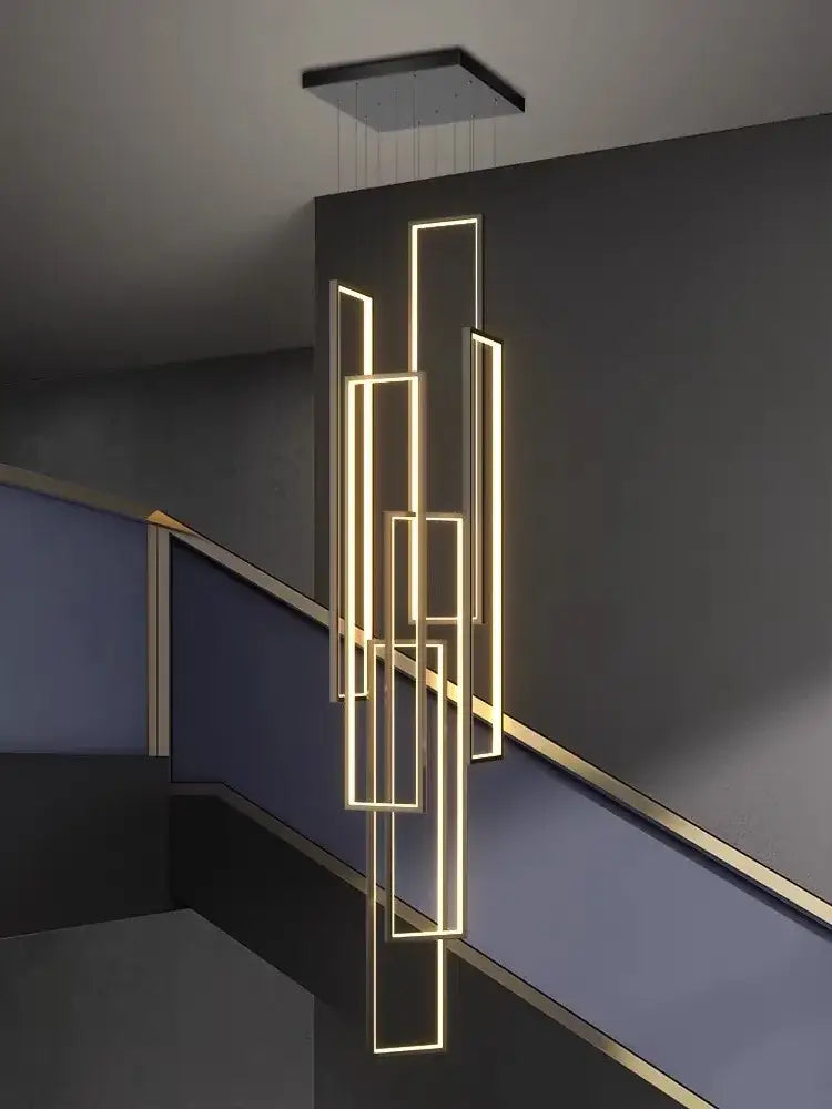 Modern led chandelier decorbites with illuminated warm gold geometric luster rectangle frames and black ceiling fixture