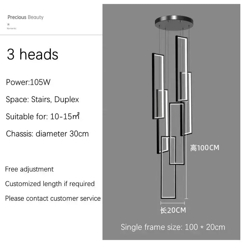 Modern minimalist led chandelier featuring three black and white luster rectangle led heads on chrome fixture