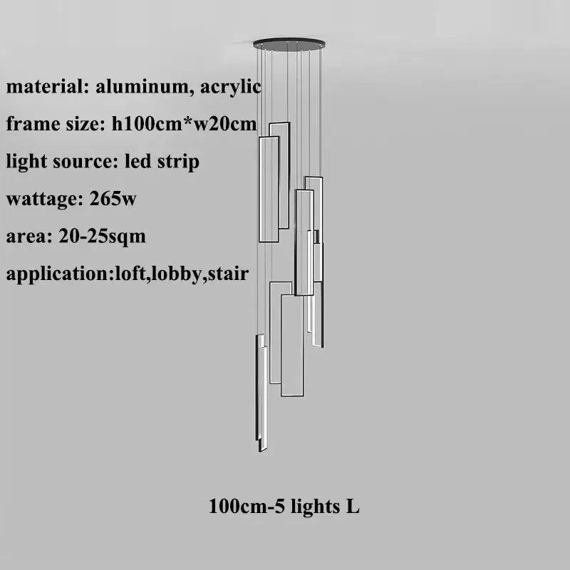 Modern luster rectangle led chandelier by DecorBites featuring a sleek aluminum and acrylic frame with five vertical LED strips
