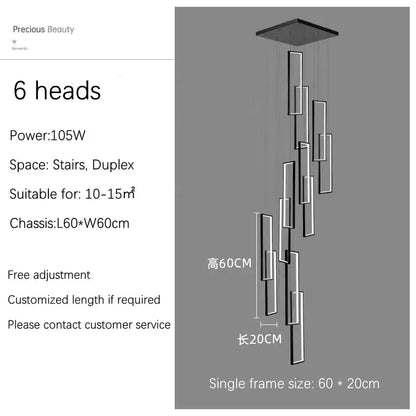 DecorBites™ rectangular led chandelier with six sleek cascading light heads for modern living spaces with luster rectangle led design