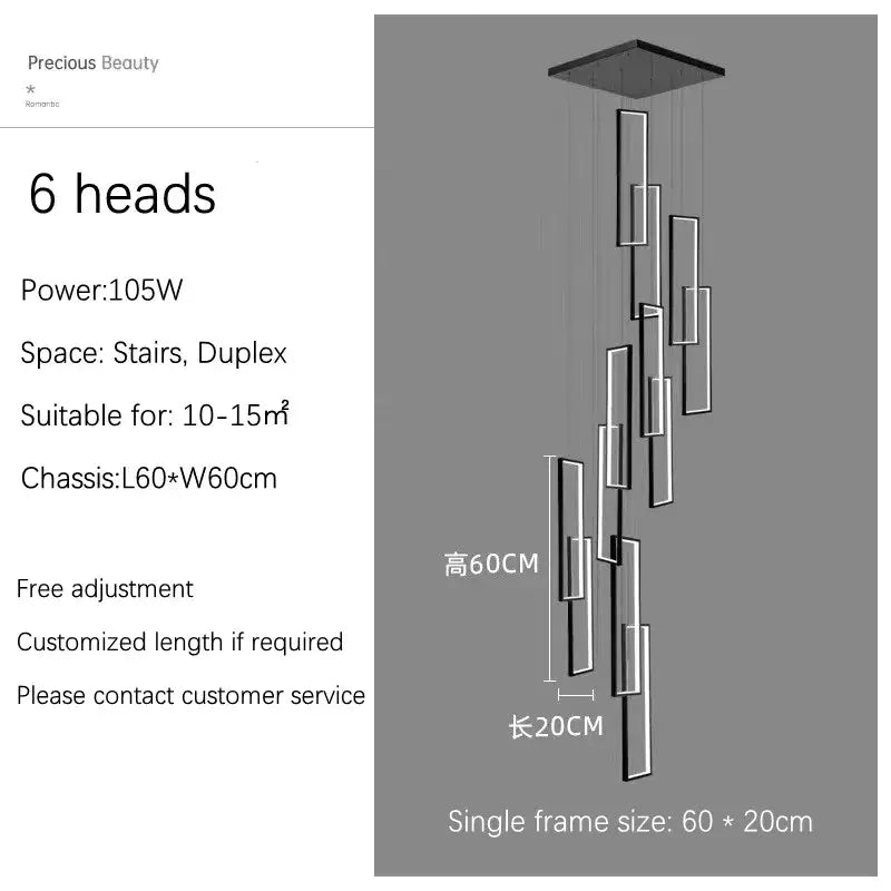 DecorBites™ rectangular led chandelier with six sleek cascading light heads for modern living spaces with luster rectangle led design