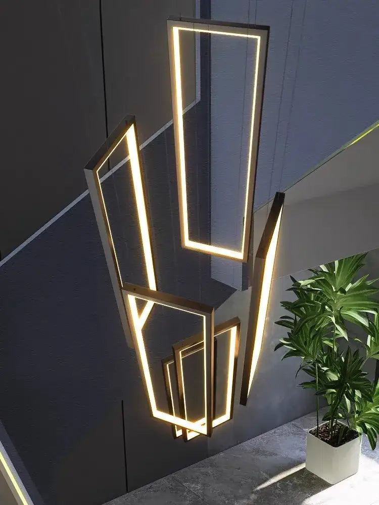 Modern rectangular led chandelier by decorbites featuring illuminated golden frames for modern living spaces