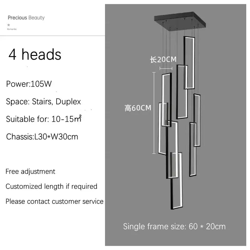 Modern black rectangular led chandelier by decorbites with four hanging light heads for contemporary living spaces