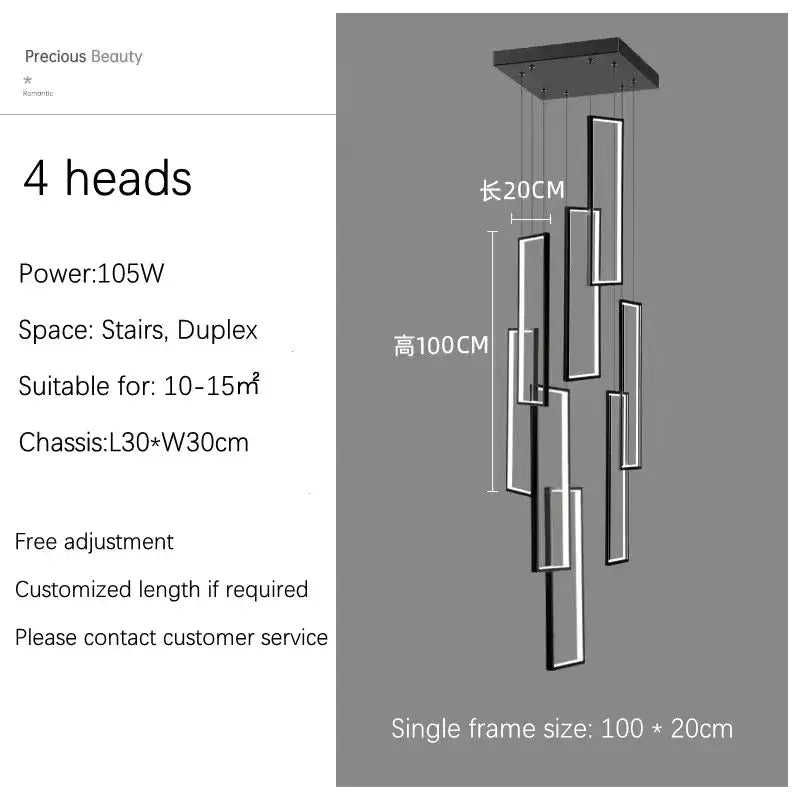 DecorBites™ modern luster rectangle led chandelier with four vertical black light panels suspended from square mount