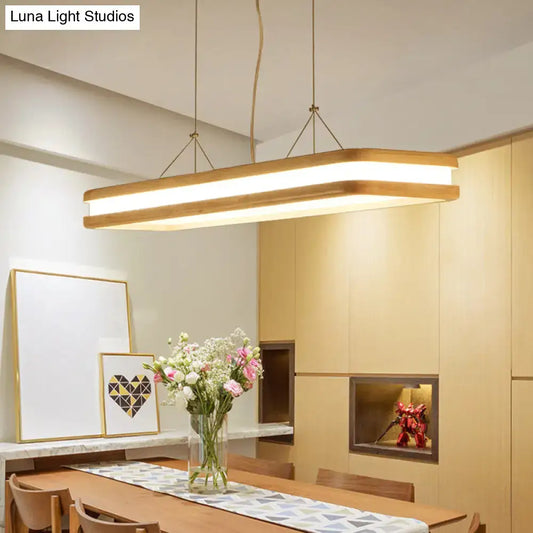 Modern rectangular pendant light with warm white natural wood frame and white natural third led for dining room use