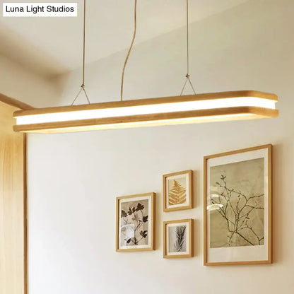 Decorbites™ rectangular wood island pendant light with warm white natural led strip and beige wooden frame for dining room