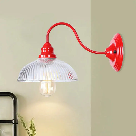 Vintage red wall sconce light with ribbed glass shade and exposed bulb ideal for living room decor
