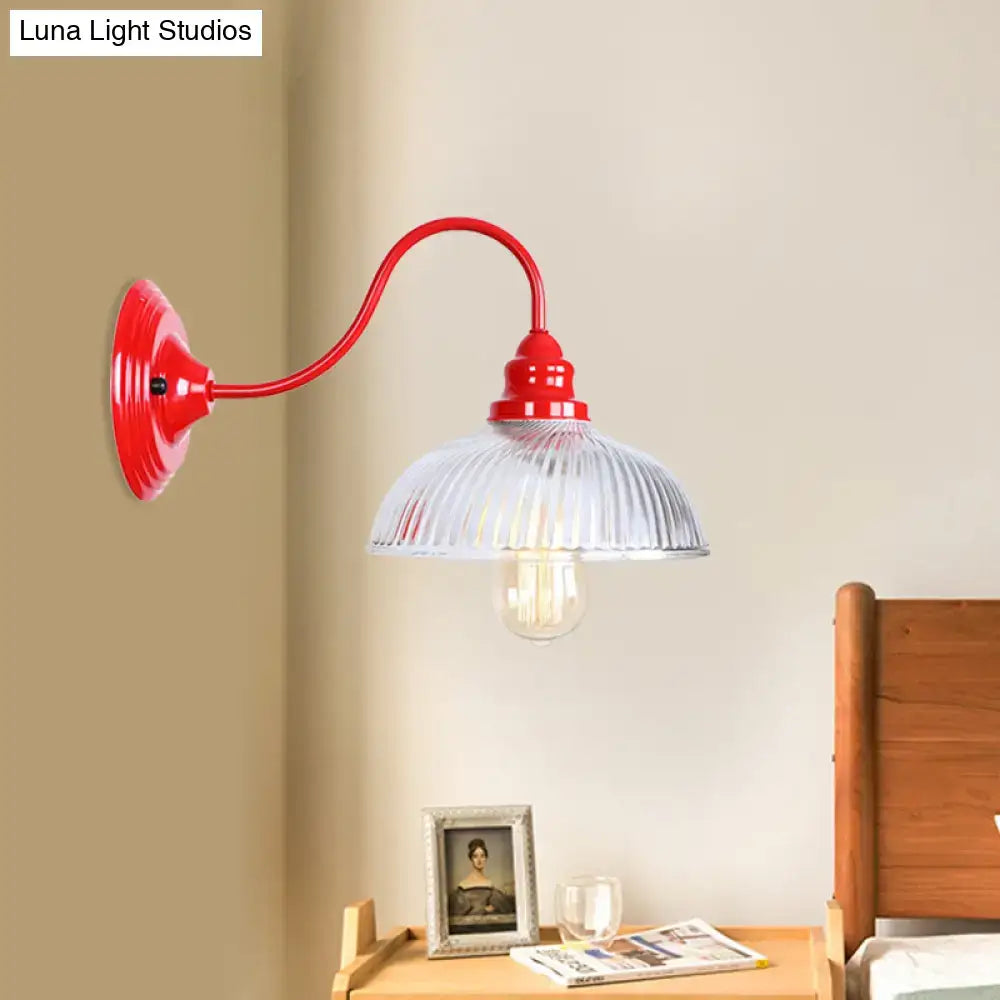 Vintage red ribbed glass wall sconce light with translucent shade and exposed bulb for living room decor