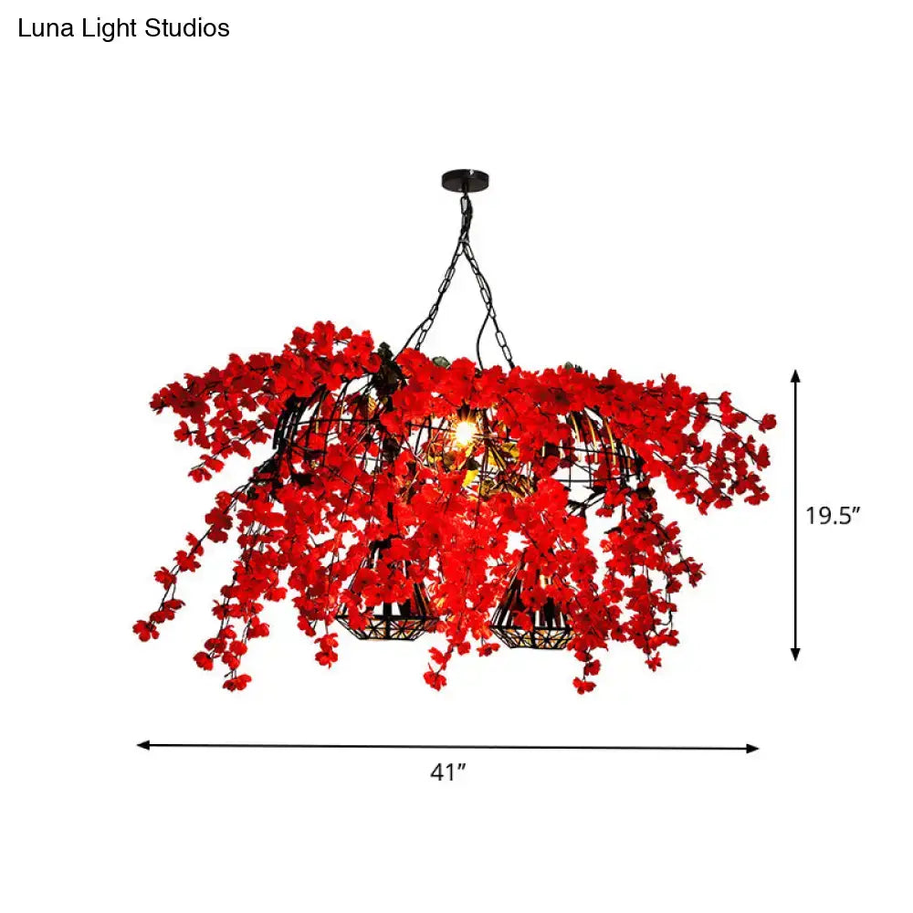 Decorbites™ red metal island ceiling light with diamond cage featuring vibrant cherry blossom chandelier and industrial suspension lamp design