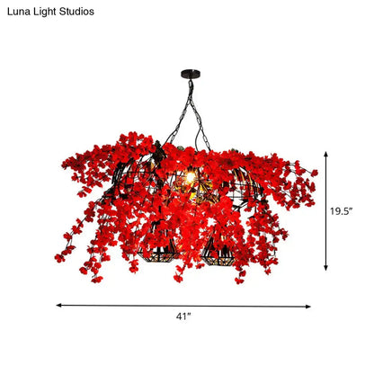 Decorbites™ red metal island ceiling light with diamond cage featuring vibrant cherry blossom chandelier and industrial suspension lamp design
