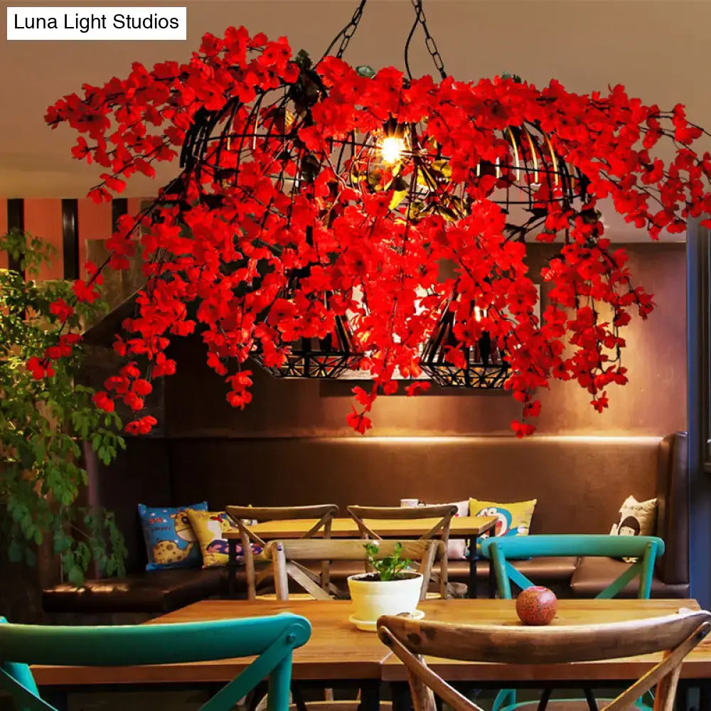 DecorBites red metal island ceiling light with vibrant red artificial cherry blossom and black diamond cage industrial suspension lamp