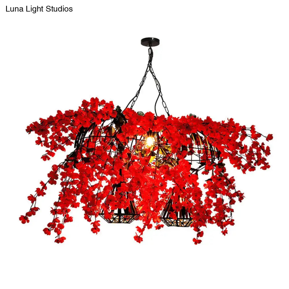 Decorbites red metal island ceiling light with vibrant red artificial cherry blossoms on black metal frame industrial suspension lamp