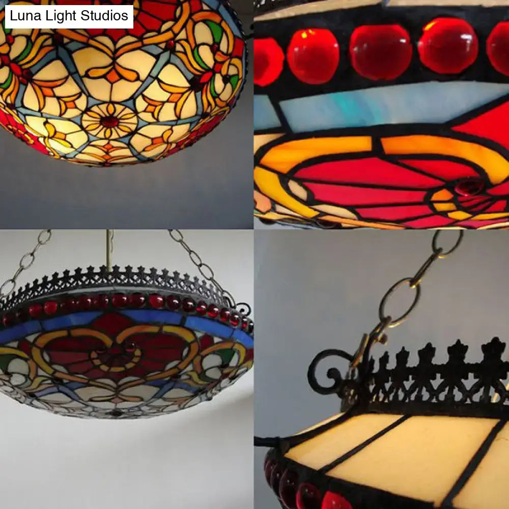 Decorbites™ red stained glass victorian bowl chandelier with intricate floral patterns and red beaded accents for living room