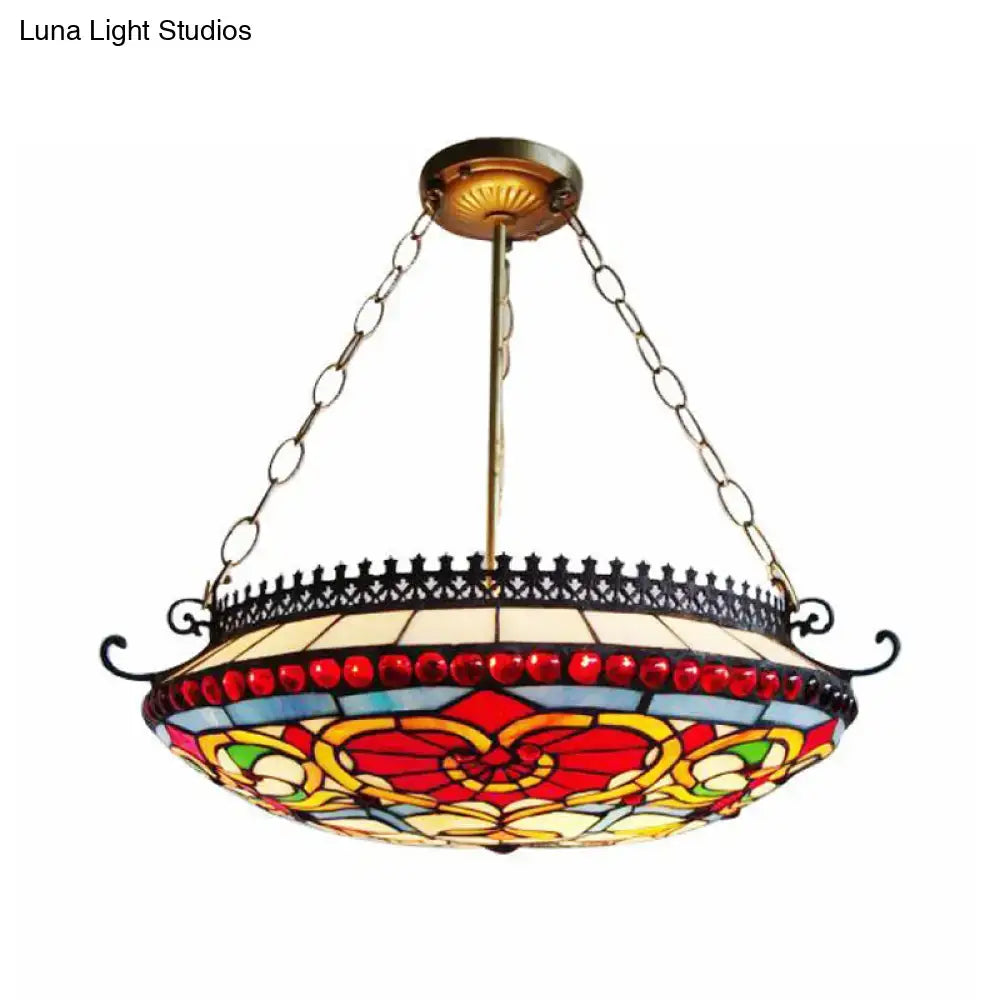 Vibrant decorbites™ red stained glass victorian bowl chandelier with floral patterns in brass frame for elegant living room