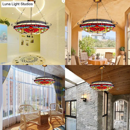 Decorbites™ red stained glass victorian bowl chandelier with floral design in ornate black metal frame for living room