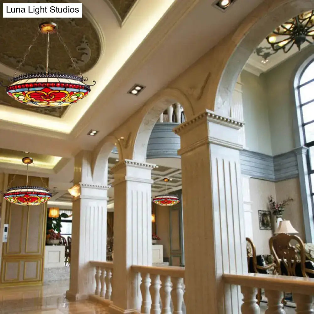 Decorbites™ red stained glass victorian bowl chandelier with floral patterns in a decorative metal frame for elegant living rooms