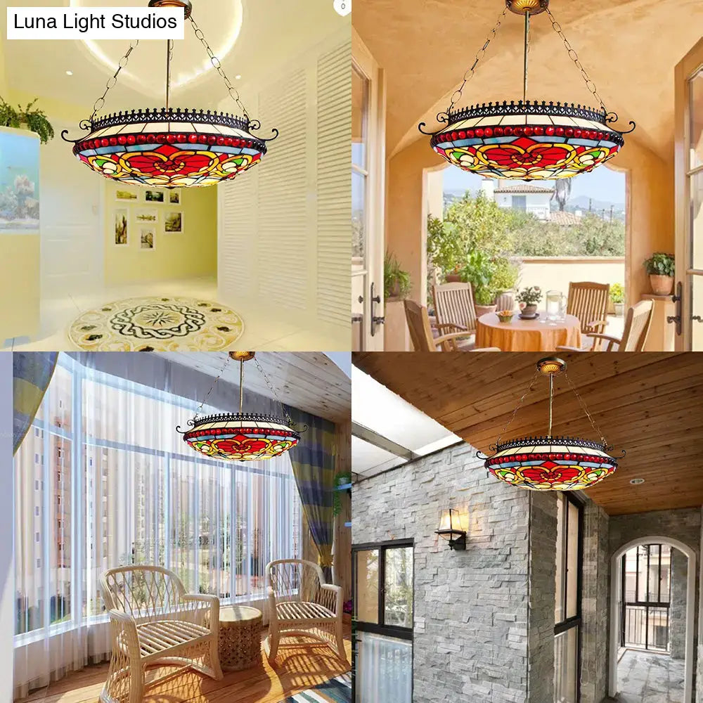 Decorbites™ red stained glass victorian bowl chandelier with floral design in ornate black metal frame for living room lighting