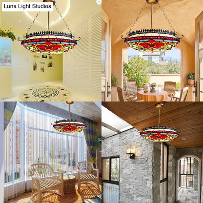 Decorbites™ red stained glass victorian bowl chandelier with floral design in ornate black metal frame for living room lighting