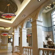 DecorBites™ red stained glass victorian bowl chandelier with intricate floral patterns in decorative metal frame