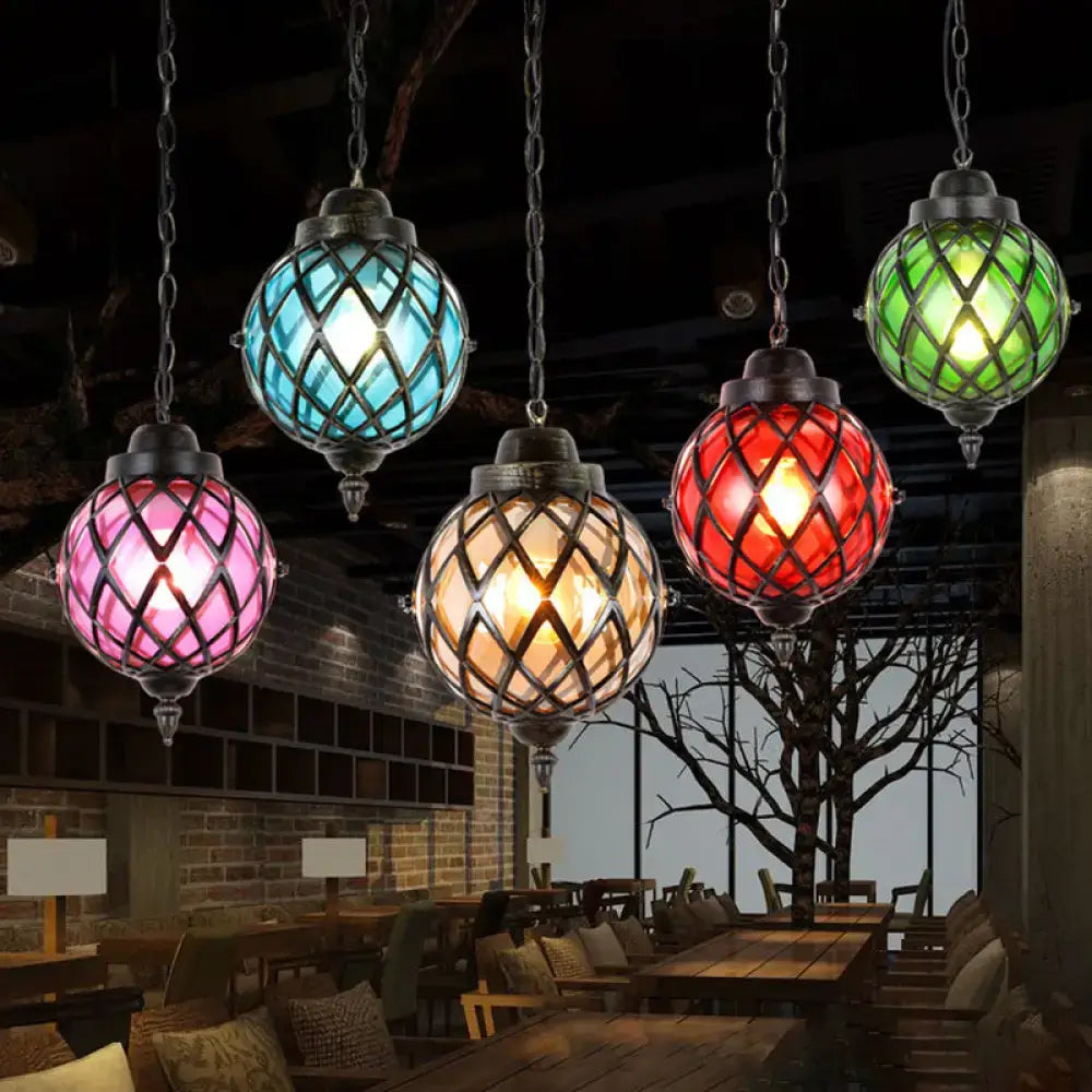 Colorful decorbites restaurant pendant lighting with amber green purple glass shade and intricate metal lattice design