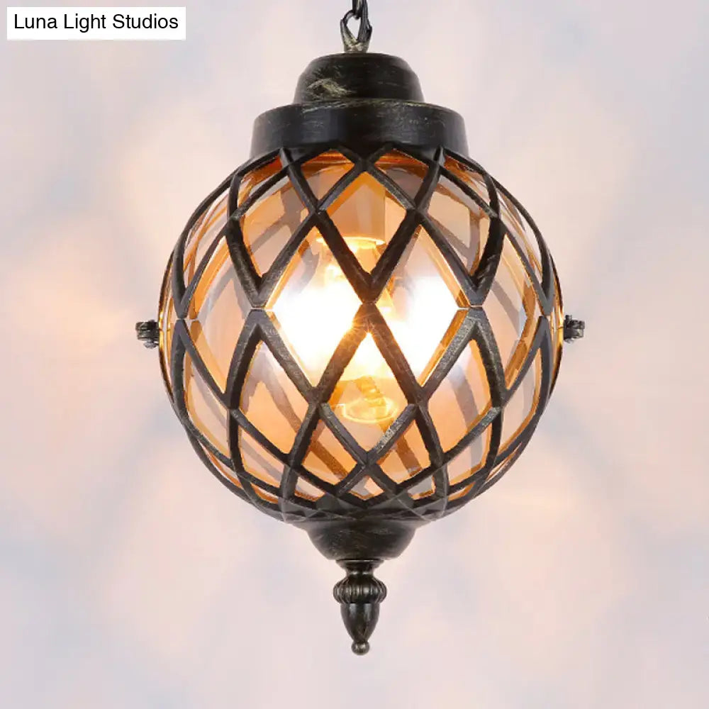 Decorbites™ restaurant pendant lighting with dark metal frame and amber green purple glass shade in intricate diamond pattern