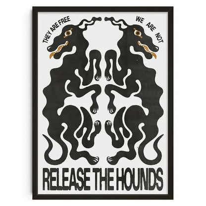 Black framed retro abstract canvas print featuring stylized hounds with gold accents and bold text for home decor