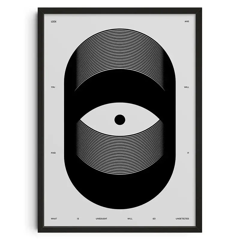 Black-framed DecorBites™ retro abstract canvas print featuring a minimalist stylized eye design on gray background