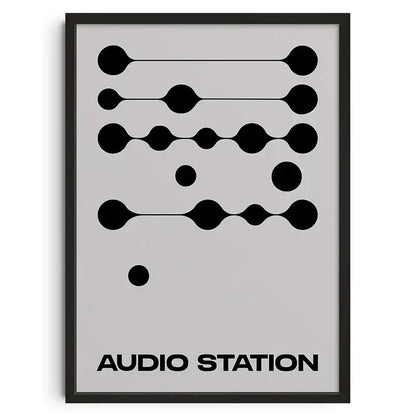 Black-framed decorbites™ retro abstract canvas print with minimalist black circles lines and audio station text on gray background