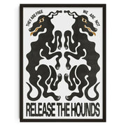 Black framed DecorBites™ retro abstract canvas print with symmetrical hound figures and bold text on white background