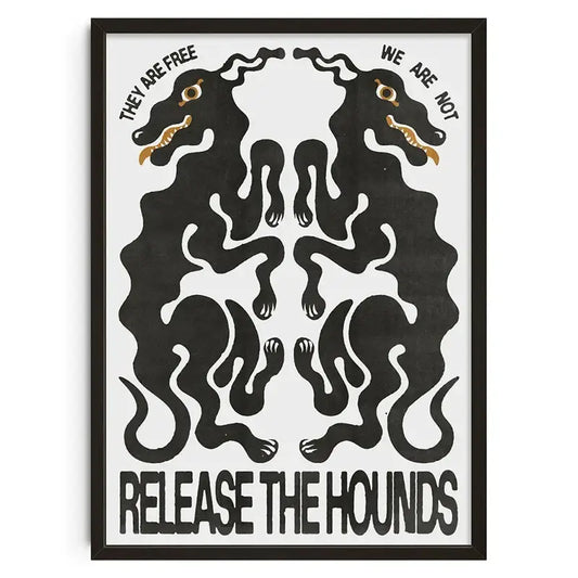 Black framed DecorBites™ retro abstract canvas print with symmetrical hound figures and bold text on white background