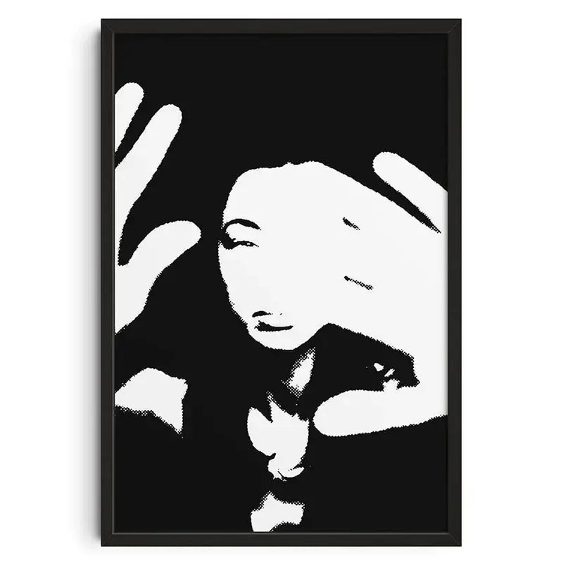Decorbites™ retro abstract canvas print featuring a black-framed high-contrast stylized portrait of a woman in white