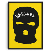 Decorbites™ retro abstract canvas print featuring a black ski mask with bold yellow cutouts in a sleek black frame