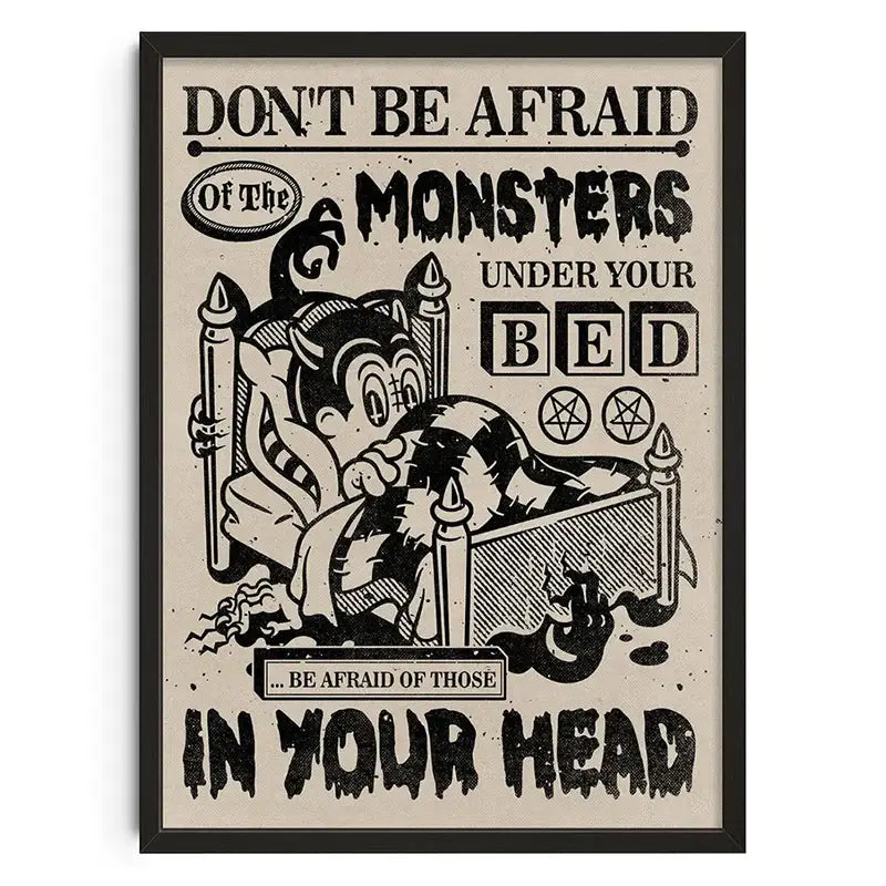 Black and white framed decorbites™ retro abstract canvas print featuring cartoon monster under bed with distressed typography