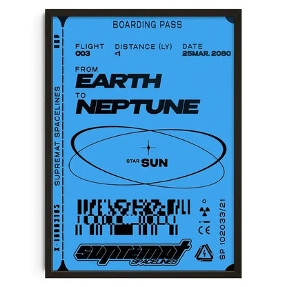 Blue framed retro abstract canvas print featuring a stylized boarding pass design for home decor by DecorBites™
